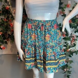 Cupshe Boho Floral Turquoise Elastic Tie Waist Ruffle Mini Skirt Size XL RefI011